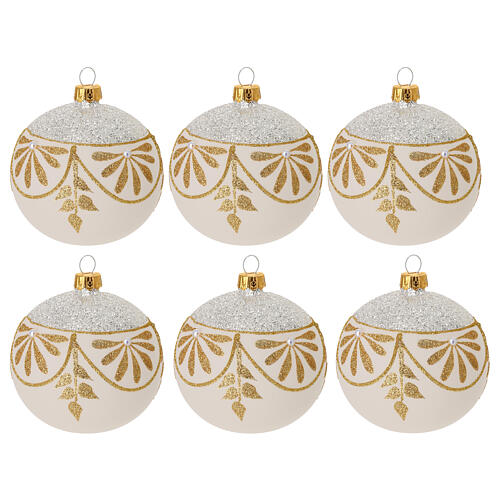 Set of 6 Christmas balls, dull white blown glass with floral pattern, 3 in 1