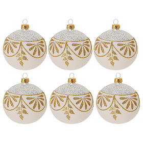 Set of 6 pcs Christmas baubles in opaque white blown glass with floral decoration 80 mm