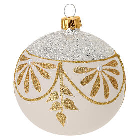 Set of 6 pcs Christmas baubles in opaque white blown glass with floral decoration 80 mm