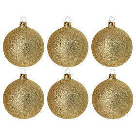 Blown glass Christmas balls, set of 6, glittery gold, 3 in