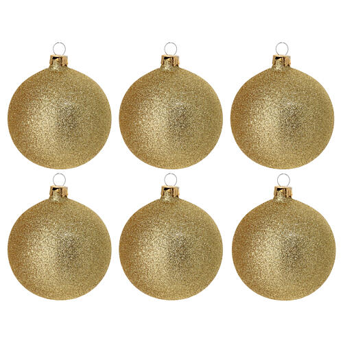 Blown glass Christmas balls, set of 6, glittery gold, 3 in 1