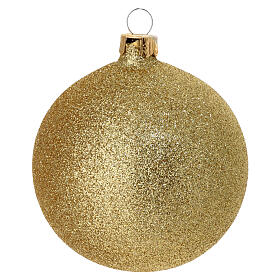 Set of 6 gold glittered blown glass Christmas baubles 80 mm