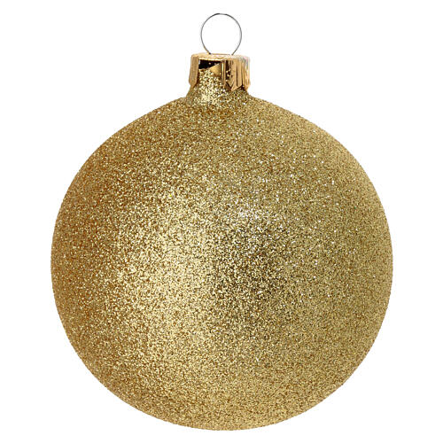 Set of 6 gold glittered blown glass Christmas baubles 80 mm 2