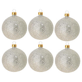 Set of 6 silver glitter blown glass Christmas baubles 80 mm