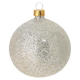 Set of 6 silver glitter blown glass Christmas baubles 80 mm