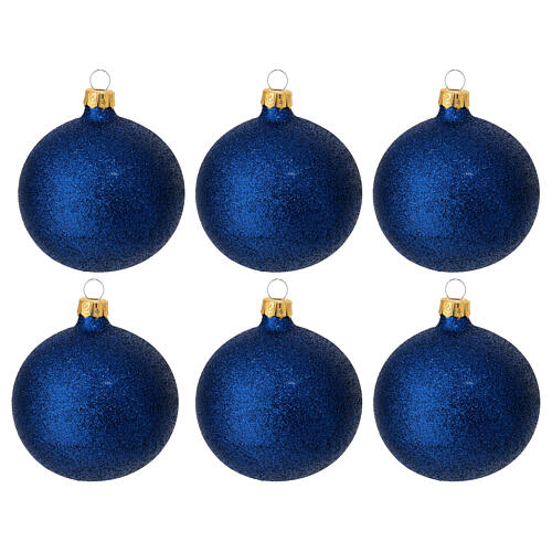 Set of 6 glittery blue Christmas balls, blown glass, 3 in 1