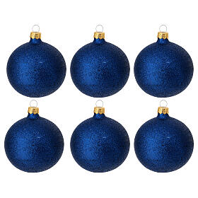 Set of 6 blue glitter blown glass balls 80 mm