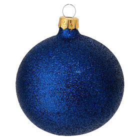 Set of 6 blue glitter blown glass balls 80 mm