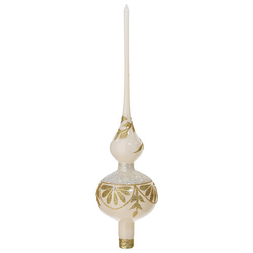 Christmas tree topper of white blown glass, golden decorations, 15 in 1