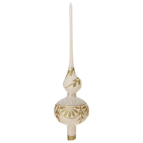 Christmas tree topper of white blown glass, golden decorations, 15 in 3