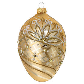 Egg-shaped Christmas ornament, dull golden blown glass, white and golden glitter, 2.5 in