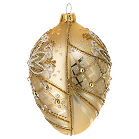 Egg-shaped Christmas ornament, dull golden blown glass, white and golden glitter, 2.5 in