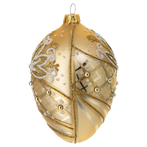 Egg-shaped Christmas ornament, dull golden blown glass, white and golden glitter, 2.5 in 2
