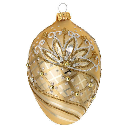 Gold Christmas egg bauble in blown glass with gold and white glitter decoration 60 mm 3