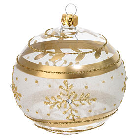 Clear blown glass Christmas bauble with gold glitter decorations and rhinestones 100 mm