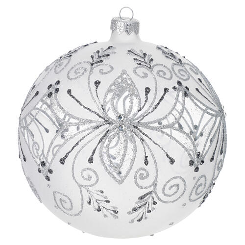 Christmas ball of frosted blown glass with silver pattern, 6 in 3