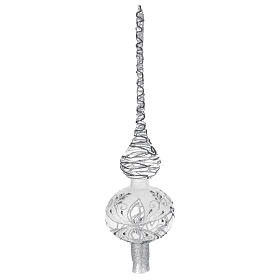 Blown glass Christmas tree topper with silver and grey glitter decoration, 14 in