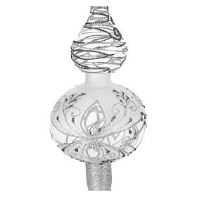 Blown glass Christmas tree topper with silver and grey glitter decoration, 14 in