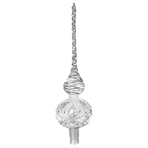 Blown glass Christmas tree topper with silver and grey glitter decoration, 14 in 1