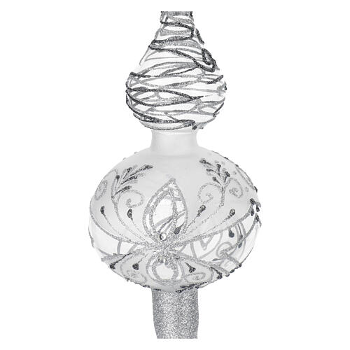 Blown glass Christmas tree topper with silver and grey glitter decoration, 14 in 2