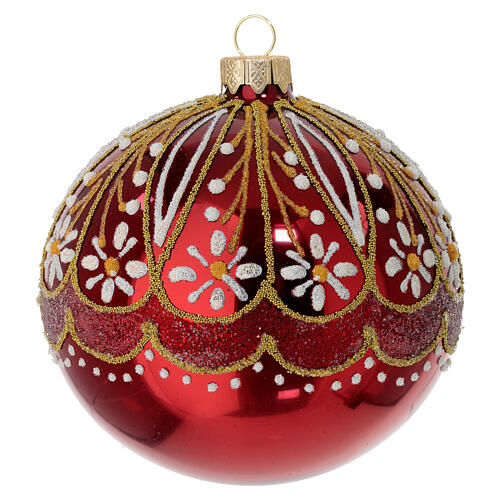 Weihnachtskugel, mundgeblasenes Glas, hochglänzendes Rot, weiße Floraldekore, goldener Glitzer, Ø 100 mm 3