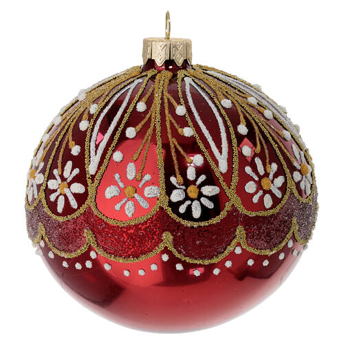 Polished red Christmas ball, blown glass with floral pattern, 4 in 2