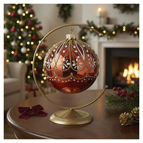Polished red Christmas ball, blown glass with floral pattern, 4 in 2