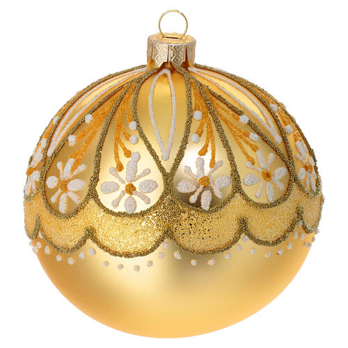 Blown glass Christmas ornament, satin gold with floral pattern, 4 in 1