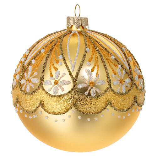 Blown glass Christmas ornament, satin gold with floral pattern, 4 in 2