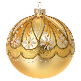 Christmas decoration in satin gold blown glass with floral decoration 100 mm