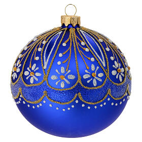 Satin blue blown glass Christmas ball with golden details and white flowers, 4 in