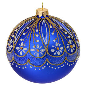 Satin blue blown glass Christmas ball with golden details and white flowers, 4 in