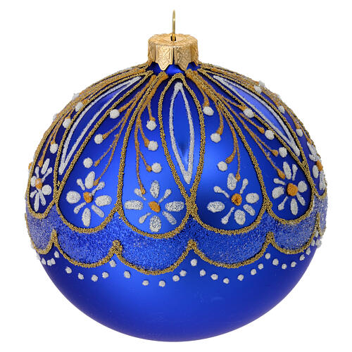 Satin blue blown glass Christmas ball with golden details and white flowers, 4 in 2