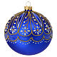 Satin blue blown glass Christmas ball with golden details and white flowers, 4 in s1