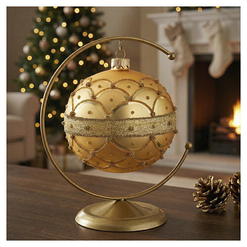 Bola de Natal ouro fosco desenho dourado vidro soprado 100 mm 2