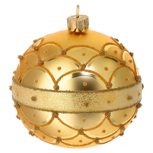 Satin gold Christmas bauble with gold decorations in blown glass 100 mm 2