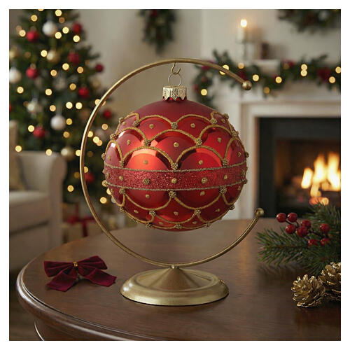 Weihnachtskugel, mundgeblasenes Glas, satinierte rote Oberfläche, mit goldfarbenem Glitzer, Ø 100 mm 2