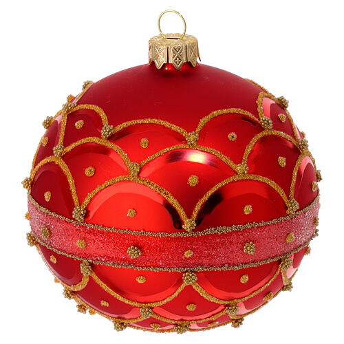 Christmas ball of 4 in, satin red blown glass with golden glitter 1