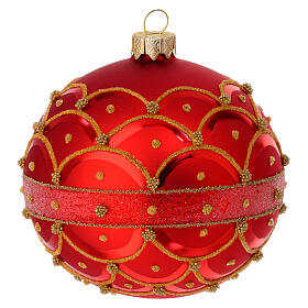 Bola de Natal vidro soprado vermelho fosco decorado com purpurina ouro 100 mm