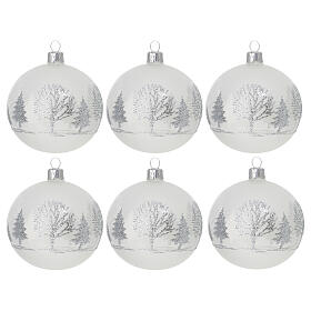 Set 6 boules verre soufflé blanc mat sapins blancs paillettes argent 80 mm