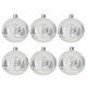 Set 6 boules verre soufflé blanc mat sapins blancs paillettes argent 80 mm s1