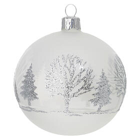 Set of 6 matte white blown glass baubles, white silver glitter trees, 80 mm