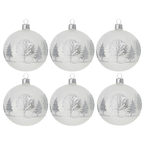 Set of 6 matte white blown glass baubles, white silver glitter trees, 80 mm 1