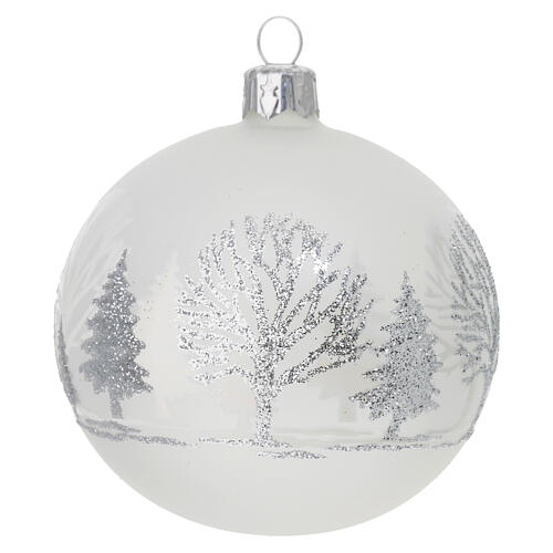 Set of 6 matte white blown glass baubles, white silver glitter trees, 80 mm 2