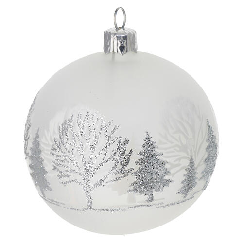 Set of 6 matte white blown glass baubles, white silver glitter trees, 80 mm 3