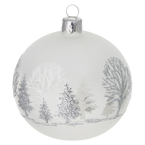 Set of 6 matte white blown glass baubles, white silver glitter trees, 80 mm 4