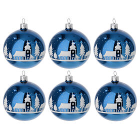 Set of 6 polished blue Christmas balls, 3 in, frosted white landscape on blown glass