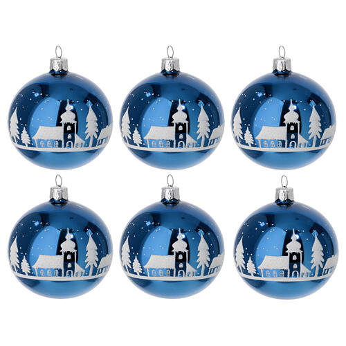 Set of 6 polished blue Christmas balls, 3 in, frosted white landscape on blown glass 1