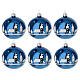 Set of 6 polished blue Christmas balls, 3 in, frosted white landscape on blown glass s1