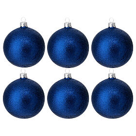 Set of 6 Christmas balls, 3 in, blue glitter blown glass